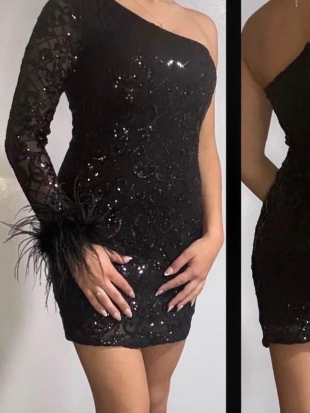 Blondie Nites Black One-Shoulder Sequin Mini Dress with Feather Cuff